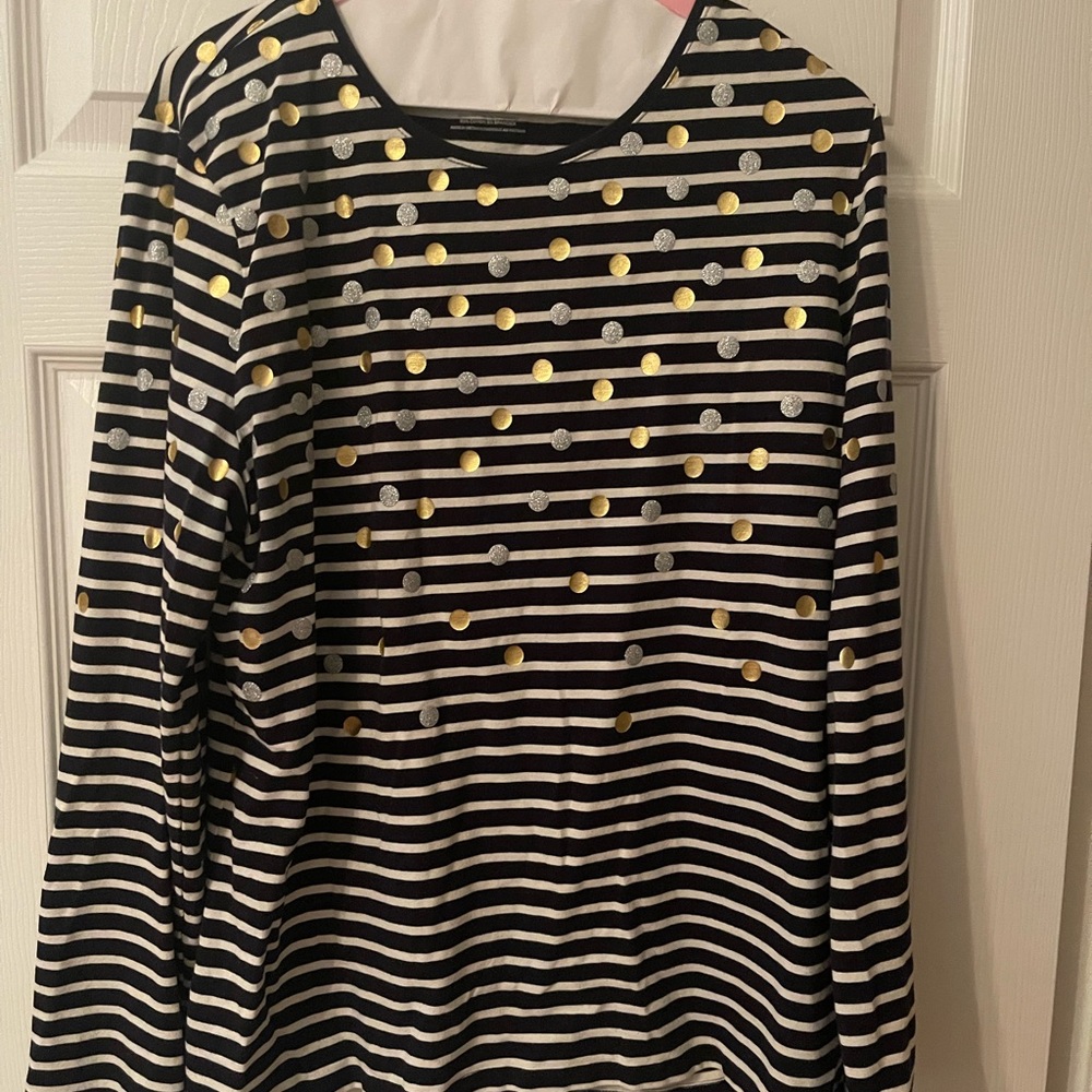 Talbots navy white stripe silver gold dot holiday sparkle XL EUC long sleeve top